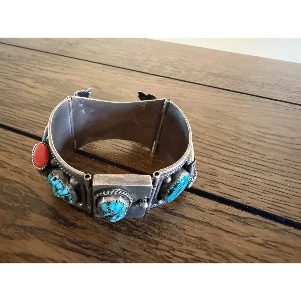 Vintage Navajo Sterling Silver Turquoise CoralClaw Watch Cuff Bracelet signed